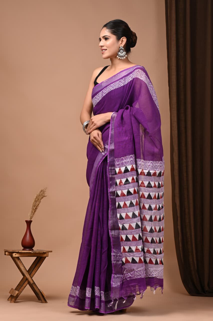 Hand Block Printed Linen Saree with Blouse